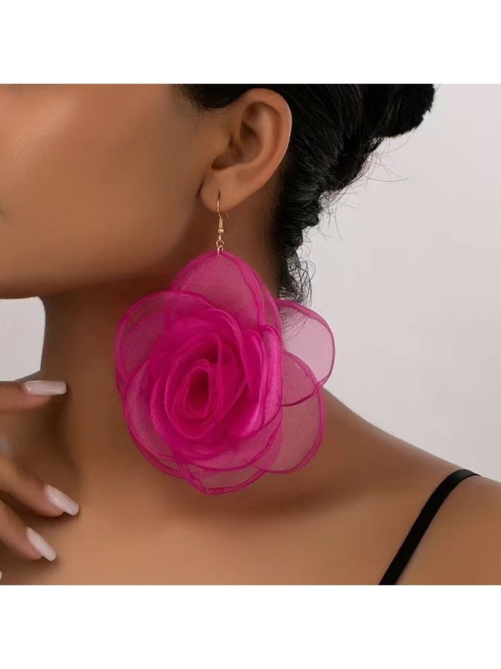 HOT Pink Sheer Oversized Fabric Flower Dangle Pierced Earrings